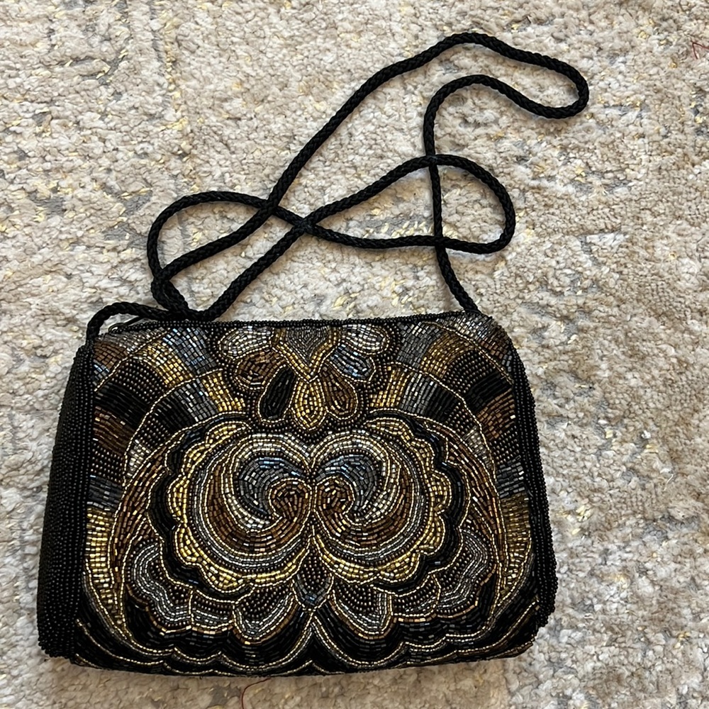 Vintage Mixed Metallic & Black Beaded Clutch Bag